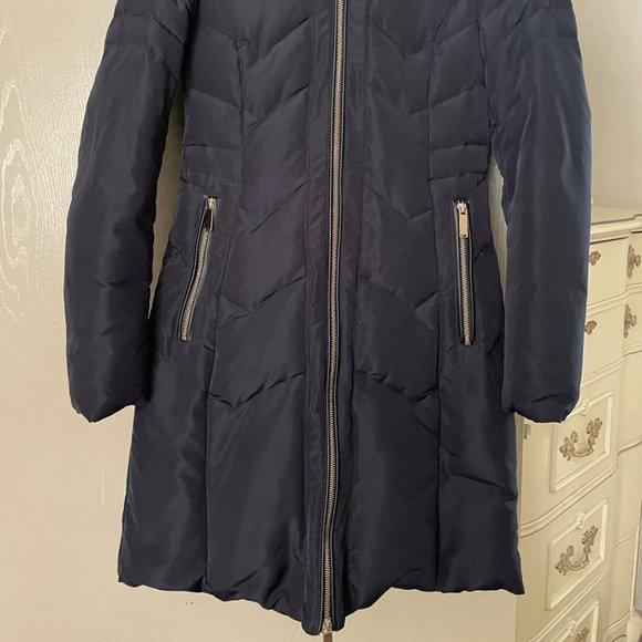 XS New Zara Puffer Taffeta Hooded Fitted Knee Mid Length Coat Midnight Blue - Picture 6 of 7
